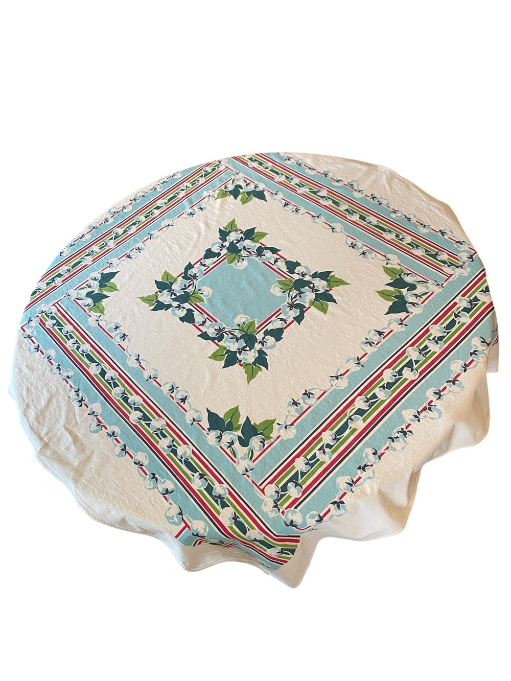 VINTAGE 1940s/50s Cotton Tablecloth - Blue Floral Border approx 47x52 - Picture 5 of 8